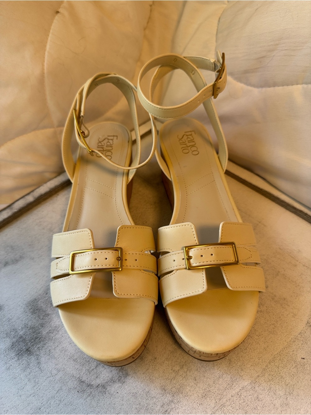 Franco Sarto Cream Ankle-Strap Buckle Sandals